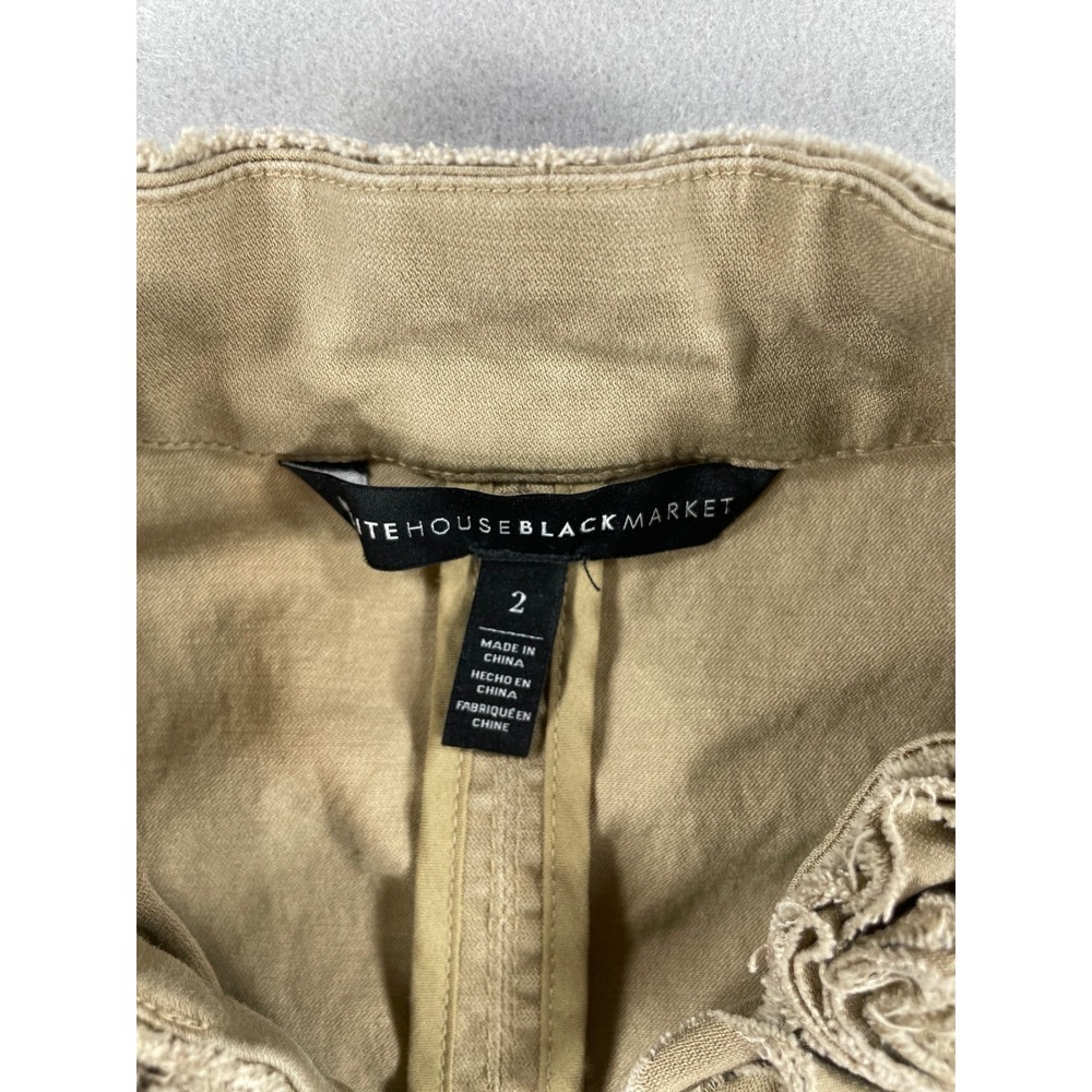 White House Black Market Womens Jacket Military Ruffle Tan Cotton Blend Size 2 - Picture 2 of 10